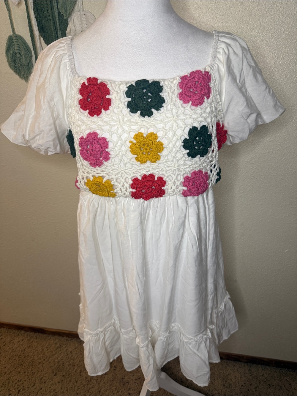 Umgee White Mini Dress with Crochet Floral and Balloon Sleeves